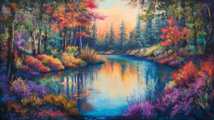 An artist using vibrant pastels to create a dreamlike landscape filled with emotion.
