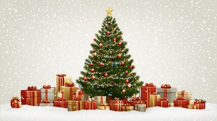 Obraz premium Festive christmas tree with gifts and snowfall. Merry Christmas. Happy New Year