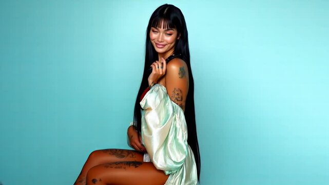 Sexy tanned and tattooed female sitting and posing on camera. Long shiny black hair. Happy and elegant. Short silk dress with strapless top. Isolated on light blue background.