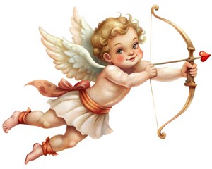 Watercolor cute cupid with bow and arrow, wings and curly hair, concept of valentine's day