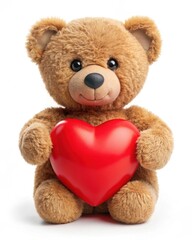 Obraz premium Brown smiling cute romantic Teddy Bear holding red Heart on white background, concept of love, Valentine's Day, gifts