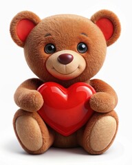 Brown smiling cute romantic Teddy Bear holding red Heart on white background, concept of love, Valentine's Day, gifts
