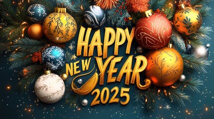 Festive happy new year 2025 celebration with colorful ornaments and pine branches. Merry Christmas. Happy New Year