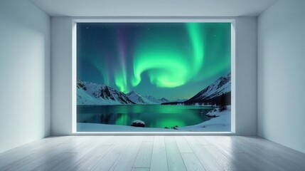 Fototapeta premium Serene Minimalist Interior with Expansive View of Northern Lights Over Snowy Mountain Lake