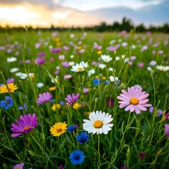 Fototapeta premium Vibrant Wildflower Meadow Under Beautiful Sky at Sunset