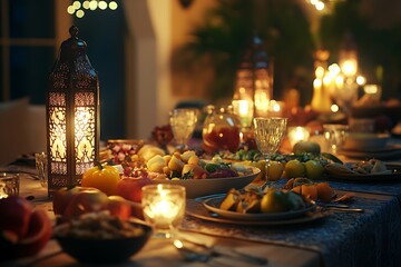 A dining table set for iftar, with lanterns hanging above, surrounded by fruits and geometric patterns in an Arabic home interior. The scene is bathed in warm light from the lamp.