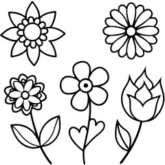 Hand-Drawn Floral and Heart Doodle Set in Black and White, Cute Flower and Heart Outline Vector Design Collection, Simple Black and White Floral and Heart Sketch Set, Whimsical Flower and Heart Doodle
