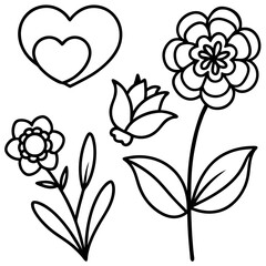 Hand-Drawn Floral and Heart Doodle Set in Black and White, Cute Flower and Heart Outline Vector Design Collection, Simple Black and White Floral and Heart Sketch Set, Whimsical Flower and Heart Doodle