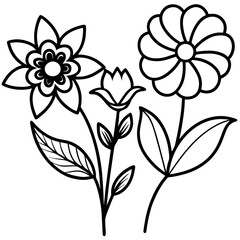 Hand-Drawn Floral and Heart Doodle Set in Black and White, Cute Flower and Heart Outline Vector Design Collection, Simple Black and White Floral and Heart Sketch Set, Whimsical Flower and Heart Doodle