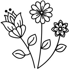 Hand-Drawn Floral and Heart Doodle Set in Black and White, Cute Flower and Heart Outline Vector Design Collection, Simple Black and White Floral and Heart Sketch Set, Whimsical Flower and Heart Doodle