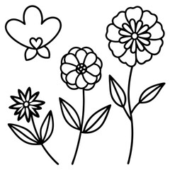 Hand-Drawn Floral and Heart Doodle Set in Black and White, Cute Flower and Heart Outline Vector Design Collection, Simple Black and White Floral and Heart Sketch Set, Whimsical Flower and Heart Doodle