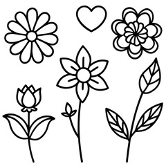 Hand-Drawn Floral and Heart Doodle Set in Black and White, Cute Flower and Heart Outline Vector Design Collection, Simple Black and White Floral and Heart Sketch Set, Whimsical Flower and Heart Doodle