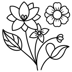 Hand-Drawn Floral and Heart Doodle Set in Black and White, Cute Flower and Heart Outline Vector Design Collection, Simple Black and White Floral and Heart Sketch Set, Whimsical Flower and Heart Doodle