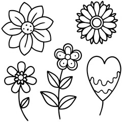 Hand-Drawn Floral and Heart Doodle Set in Black and White, Cute Flower and Heart Outline Vector Design Collection, Simple Black and White Floral and Heart Sketch Set, Whimsical Flower and Heart Doodle