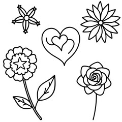 Hand-Drawn Floral and Heart Doodle Set in Black and White, Cute Flower and Heart Outline Vector Design Collection, Simple Black and White Floral and Heart Sketch Set, Whimsical Flower and Heart Doodle