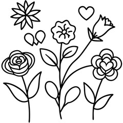 Hand-Drawn Floral and Heart Doodle Set in Black and White, Cute Flower and Heart Outline Vector Design Collection, Simple Black and White Floral and Heart Sketch Set, Whimsical Flower and Heart Doodle