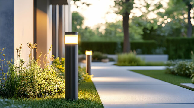 Modern outdoor bollard light with a sleek aluminum frame and energy-efficient LED illumination, designed for pathways and garden spaces