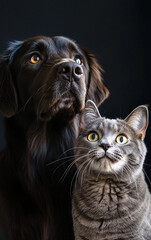 Elegant Portrait of a Cat and Dog in a Dramatic Studio Setting with Dark Background Highlighting Their Bond and Unique Personalities