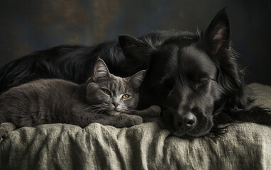 Elegant Portrait of a Cat and Dog in a Dramatic Studio Setting with Dark Background Highlighting...