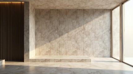 Sunlit Minimalist Interior Design Mockup Featuring a Platform and Wooden Wall