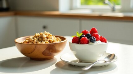 A delightful breakfast scene featuring a bowl of crunchy granola and a creamy yogurt parfait topped with fresh berries