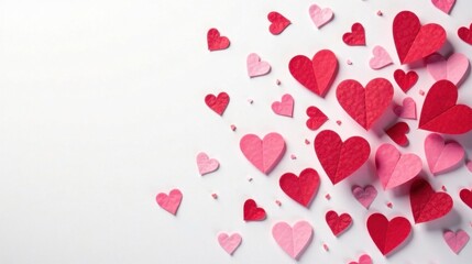 Romantic hearts scattered on a white background, a delightful arrangement of paper hearts in various shades of red and pink, perfect for Valentine's Day or romantic celebrations.