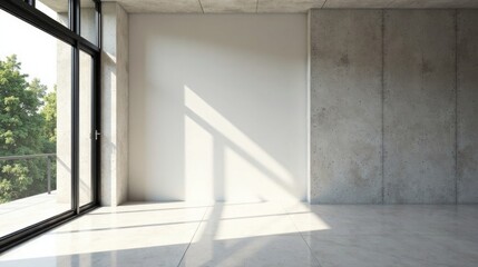 Modern minimalist apartment interior design with sunlight streaming through large window onto polished concrete floor and wall