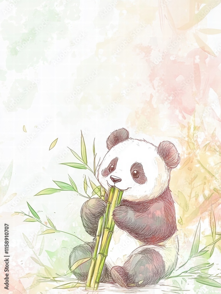 Poster Cute panda eating bamboo in a serene background with ample space for text or messaging. Generative AI