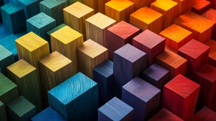 Obraz premium Colorful wooden blocks, arranged in gradient, abstract geometric pattern with vivid hues, vibrant rainbow colors
