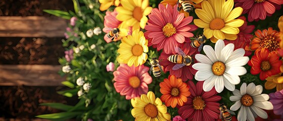 Celebrating Bees as Essential Pollinators in Ecosystems featuring an overhead view of a pollinator garden filled with colorful flowers, with visible bees buzzing over multiple blooms.