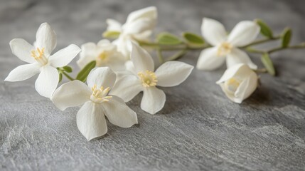 An artistic display of delicate white jasmine flowers against a textured gray stone backdrop, soft-focus shot, Romantic style