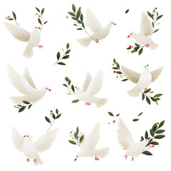 A set of white dove illustrations with olive branches