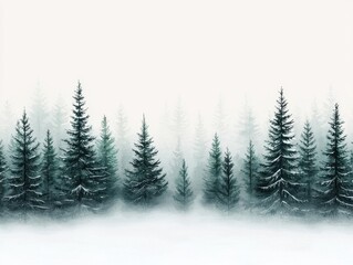 A serene winter landscape featuring tall evergreen trees enveloped in soft white mist, creating a tranquil, ethereal atmosphere.