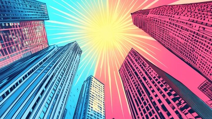 Colorful cityscape with tall buildings, blue and pink skyscrapers under a bright yellow sun, pop art style