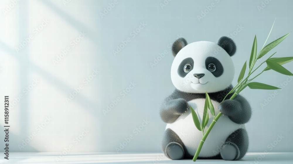 Aufkleber Panda happily holding bamboo with clean background and ample copy space for custom text or messages. Generative AI