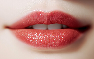 Obraz premium Close-Up of Glossy Lips with Vibrant Red Lipstick Highlighting Smooth Texture and Elegance in Beauty Photography