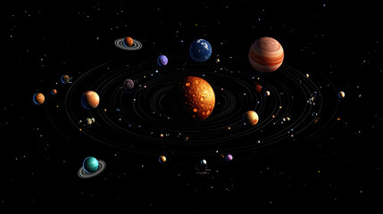 Detailed illustration of the solar system, showing planets orbiting the sun and other celestial bodies.
