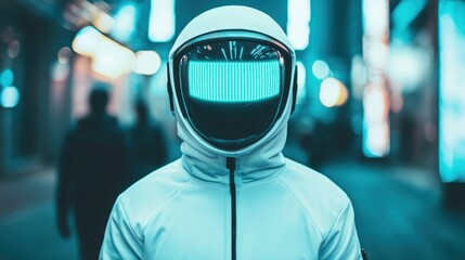 Futuristic Figure in Neon Lights with Retro Helmet and Jacket