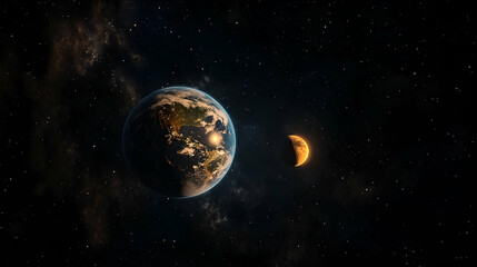 Obraz premium Earth and half moon in space, stars, night.