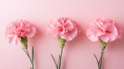 Fototapeta premium An elegant arrangement of pink carnations on a soft pastel background, close-up shot, Minimalist style