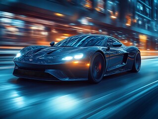 Sleek sports car speeding through city at night.