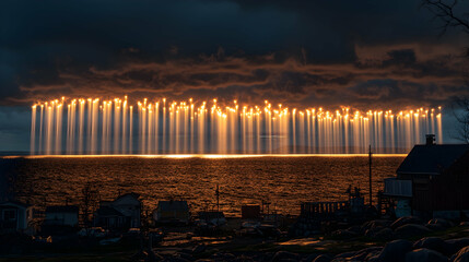 Fototapeta premium Fiery light beams rising from calm sea at night, reflecting on water surface.