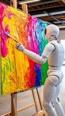 Obraz premium a humanoid robot painting a vibrant, abstract masterpiece on a large canvas in a modern art studio.