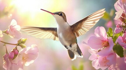 Fototapeta premium A hummingbird hovers over pink flowers in a sunlit area of a floral paradise, featuring a stunningly vivid pink flower and a captivating hummingbird in the fore