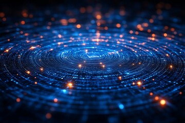 Abstract glowing blue and orange circular network.
