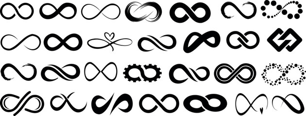 Infinity symbols vector icons, modern black designs, abstract loops, endless signs, infinity logo elements, creative motifs, sleek patterns, interconnected shapes, continuous cycle, limitless concepts