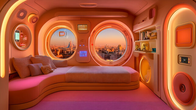 This image, categorized as "Illustrations", shows a bedroom with large round windows. The pink interior has a futuristic, almost space-capsule feel.