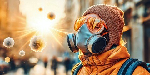 Mask wearer using air pollution mask concept. Person in a gas mask against a sunlit urban backdrop with floating particles