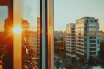 Sunset reflection on building windows in urban environment