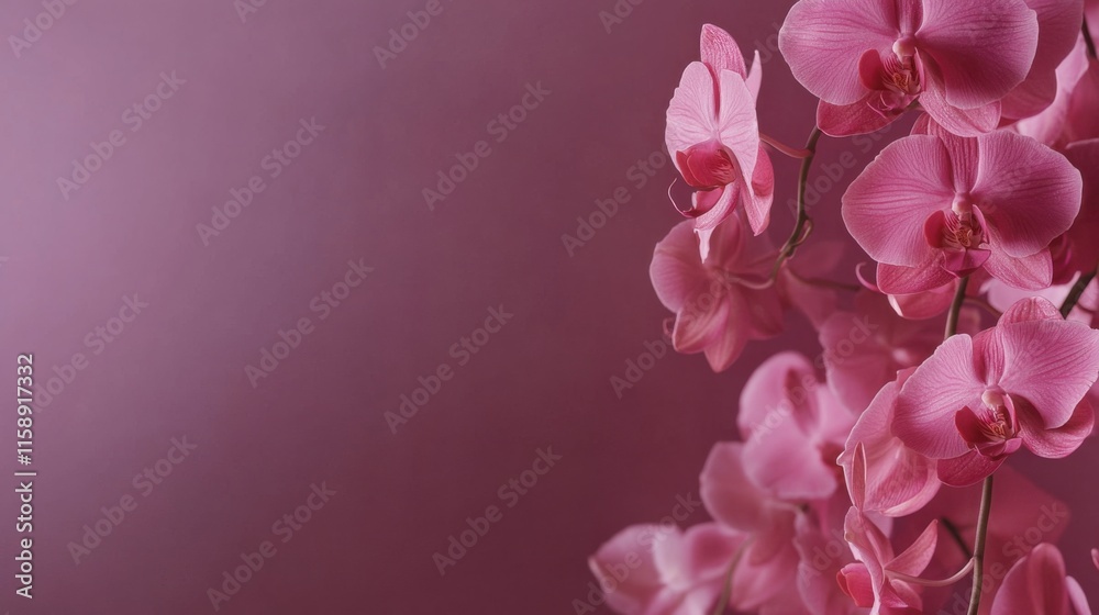 Poster an elegant cascade of pink orchids against a deep mauve background, artistic close-up shot, minimali